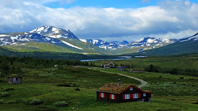 mountains, snow, hills, clouds, sky, grass, trees, plants, sunlight, house, road, nature, landscape, Norway