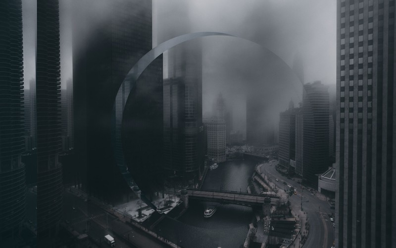 city, downtown, dark, building, digital