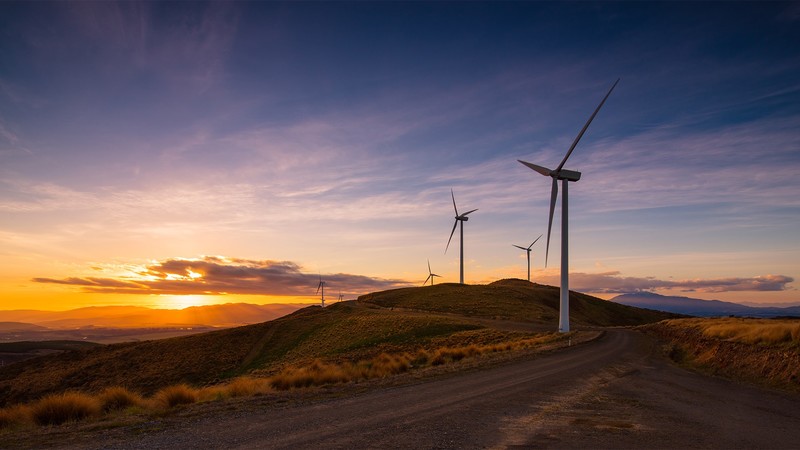 nature, landscape, sunset, road, plants, windmill, sky, clouds, mountains, wind farm, New Zealand