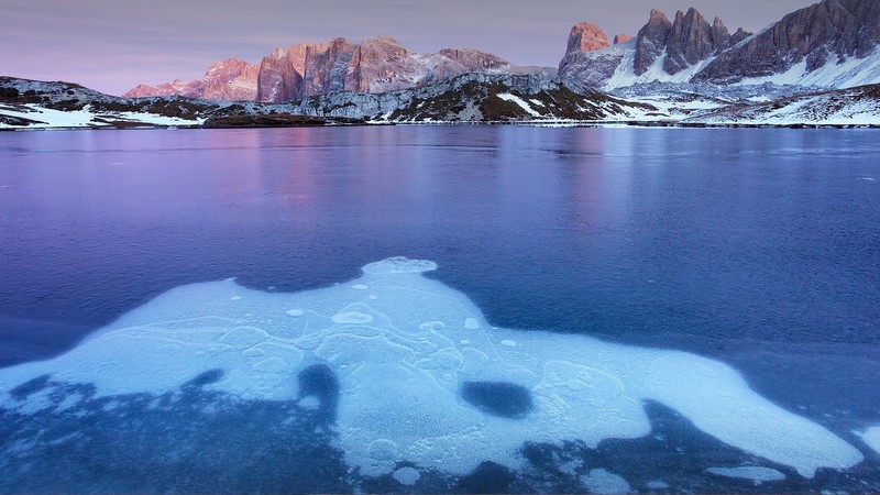 nature, landscape, mountains, lake, frozen lake, snow, snowy mountain, sky, clouds, Dolomites (mountains), Italy