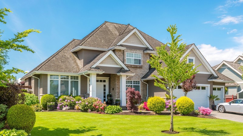 house, building, grass, plants, flowers, sky blue, clouds, car, nature, mansion, lawns
