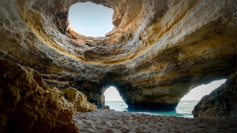 nature, landscape, cave, sand, water, sky, Algarve (Portugal), Portugal