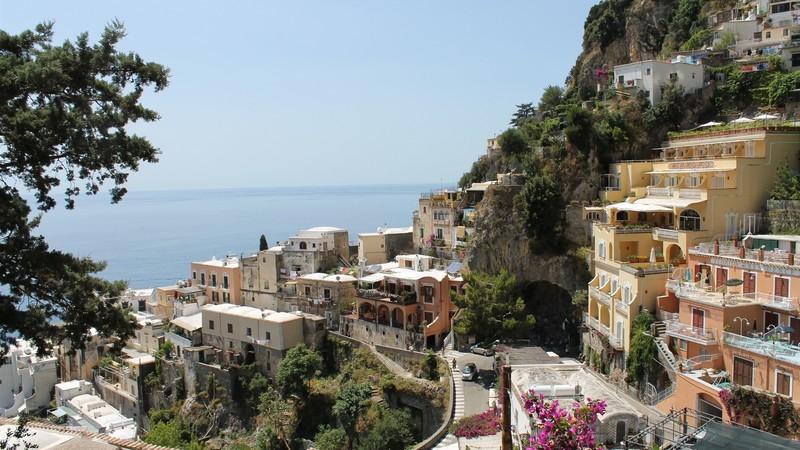 Italy, Amalfi, sea, city, house, building, trees, flowers, plants, sky, daylight, sunlight, street