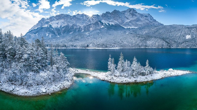 nature, landscape, sky, clouds, snow, Sun, rocks, forest, spruce, snowy mountain, Lake Eibsee, Germany