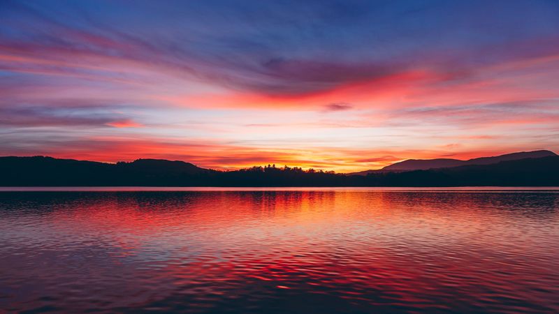 lake, sunset, horizon, sky, trees, twilight, 4k