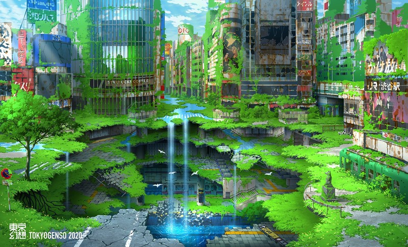 anime, cityscape, apocalyptic, Tokyo, shibuya station, Shibuya, destruction, nature, Japan