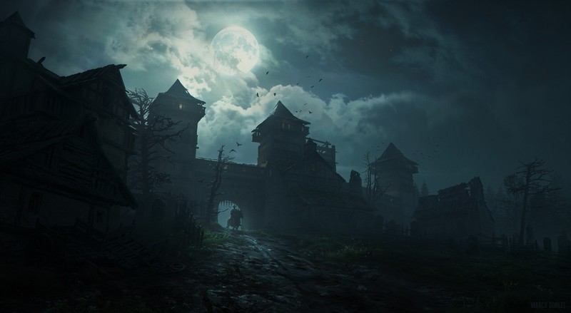 Marco Gorlei, digital, Moon, moonlight, city, horseman, creepy, night, knight