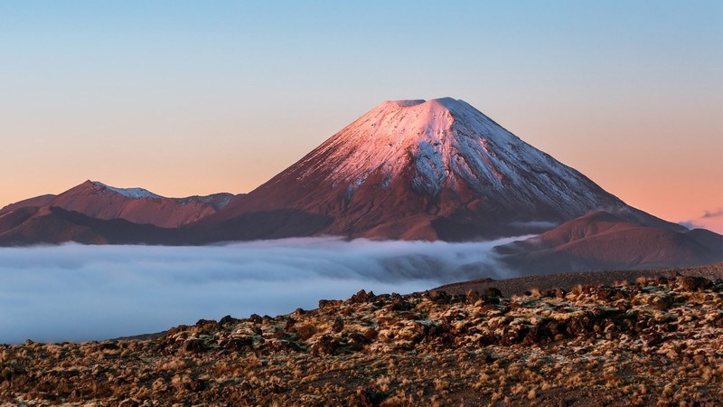 mountains, clouds, sky, snowy peak, plants, rocks, Mount Ngauruhoe, volcano, New Zealand
