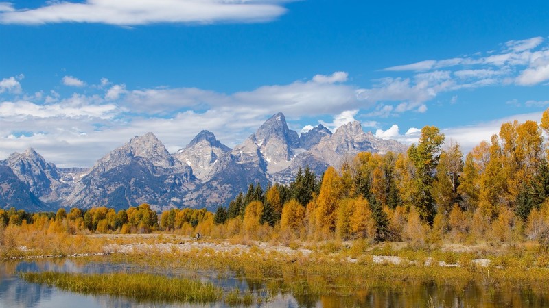 USA, Grand Teton National Park, Wyoming, mountains, forest, rocks, clouds, sky, trees, fall, plants, river, nature, landscape, photography