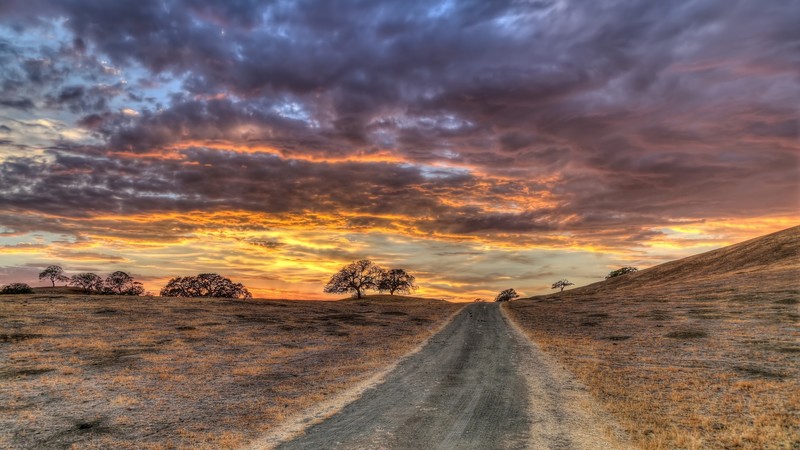 nature, landscape, sunset, clouds, sky blue, trees, road, field, hills