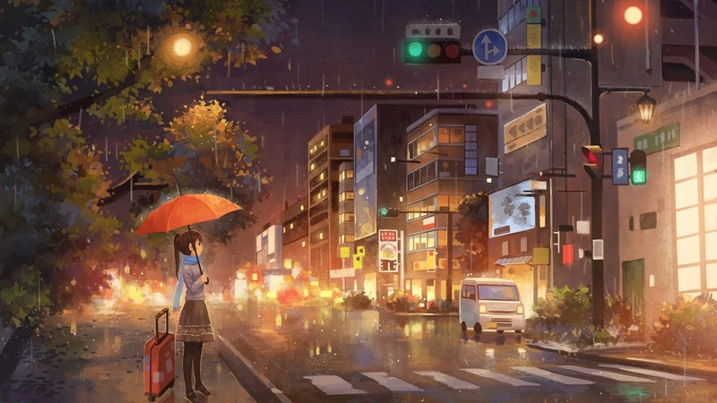 anime, anime girls, umbrella, rain, town, moescape