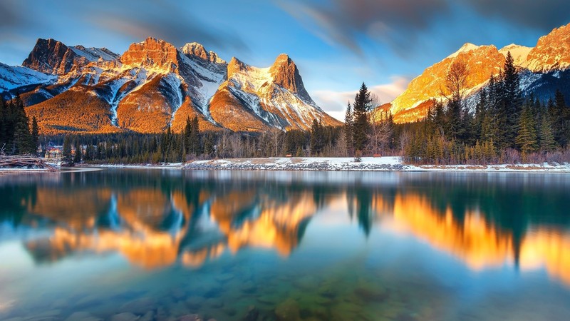 Canada, Alberta, lake, reflection, mountains, rocks, sky, clouds, forest, trees, water, snow, morning, sunlight