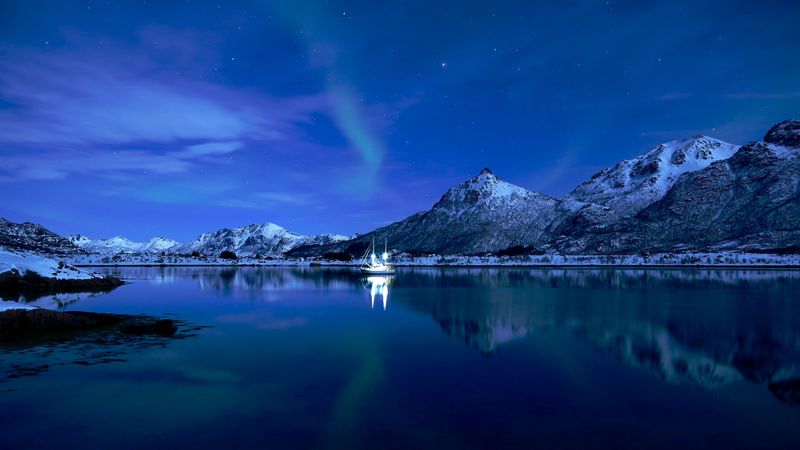 mountains, lake, boat, ice, sunset, starry sky, 4k