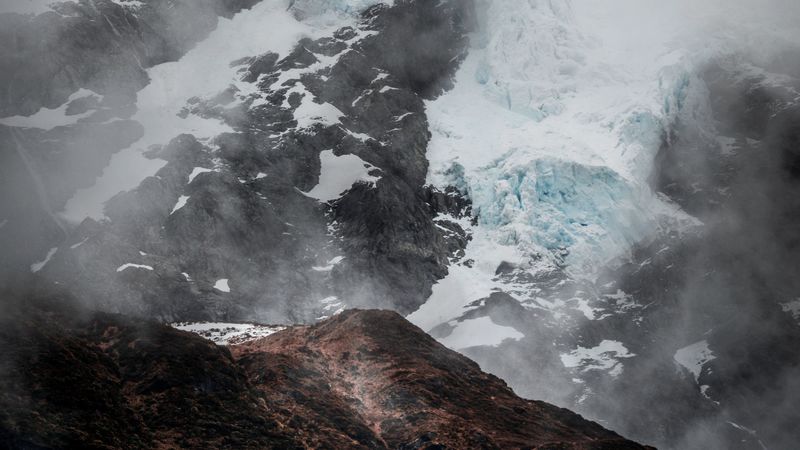 mountain, glacier, fog, ice, relief, 4k
