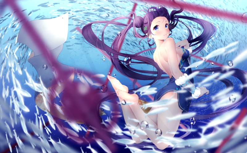 anime, anime girls, purple hair, barefoot, blue eyes, fish, underwater