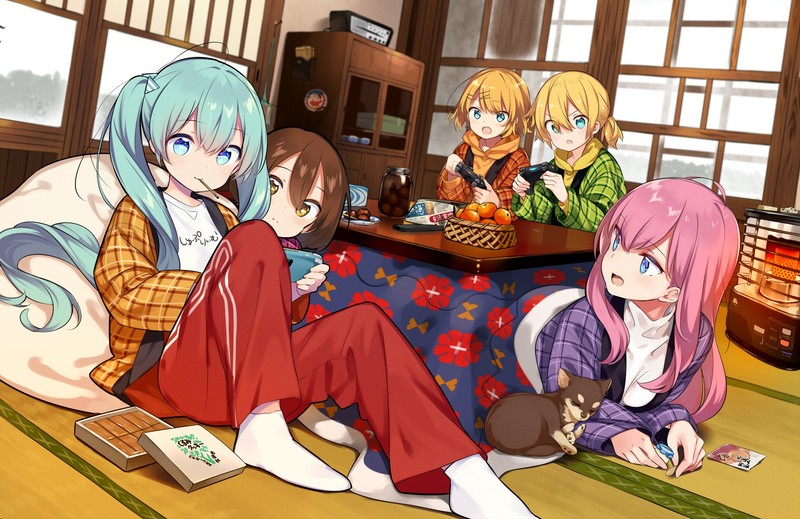 anime, anime girls, indoors, pink hair, turquise hair