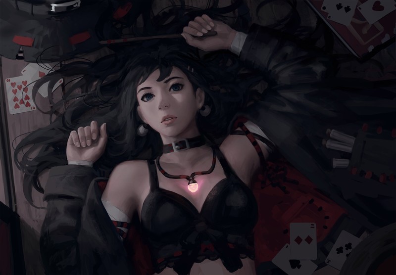 women, original characters, black hair, looking at viewer, long hair, top view, lying on back, choker, necklace, glowing, magic, cards, wands, artwork, drawing, digital art, illustration, GUWEIZ, earring, frontal view, black tops, Z.W. Gu