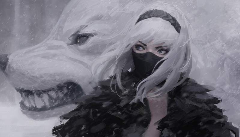 women, fantasy girl, wolf, white, white hair, headband, windy, snowing, snow, winter, looking away, mask, creature, fantasy art, original characters, artwork, drawing, digital art, illustration, GUWEIZ, Z.W. Gu, Princess Mononoke, Mononoke
