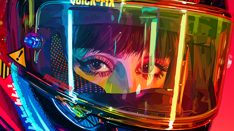biker, women, helmet, motorcycle, eyes, warning signs, reflection, Mad Dog Jones