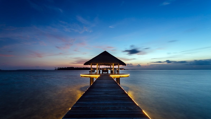 landscape, tropical, clouds, pier, sky, lights, water