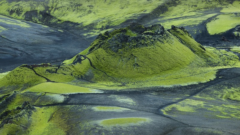 nature, landscape, grass, field, drone photo, aerial view, black sand, volcano, Lakagígar, Iceland, green