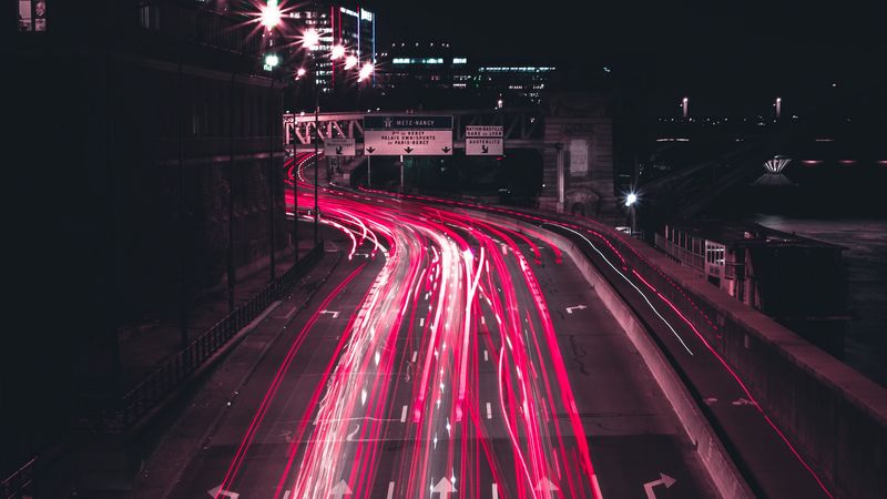 night city, long exposure, road, direction, movement, 4k