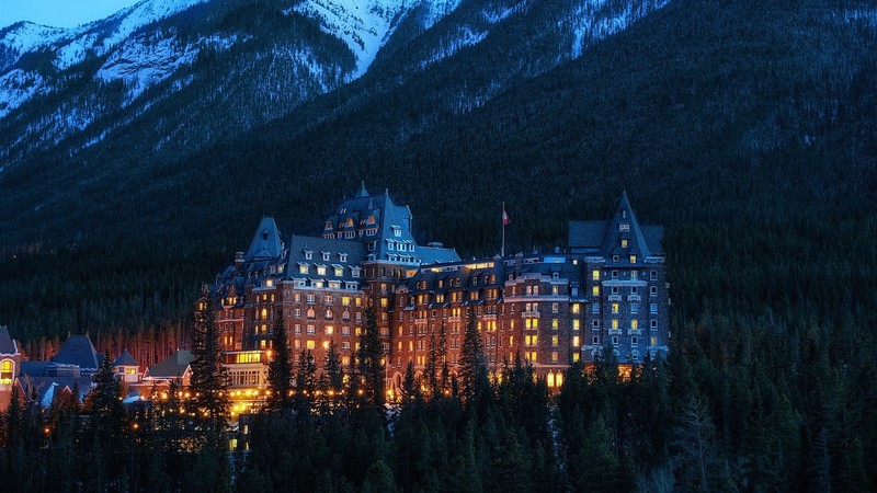 Canada, Alberta National Park, forest, mountains, trees, evening, building, snow, lights