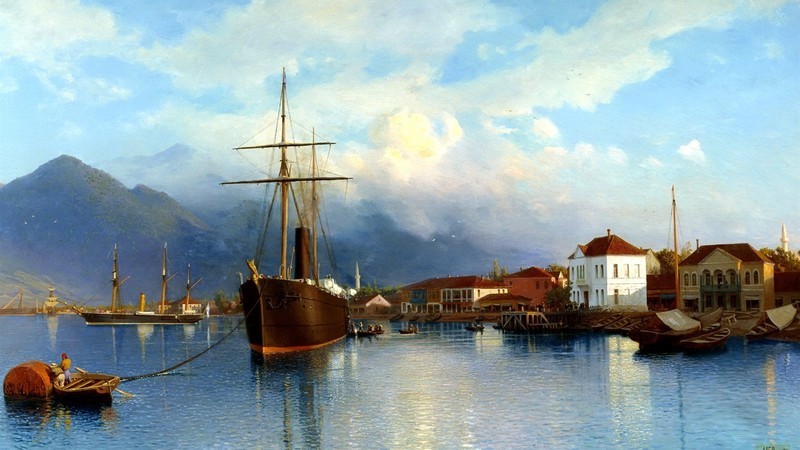 painting, ship, boat, sea, water, house, building, sky, clouds, mountains, city