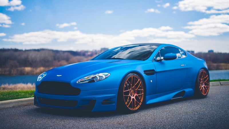 Aston Martin, blue cars, asphalt, nature, clouds, sky, Aston Martin Vantage, colored wheels