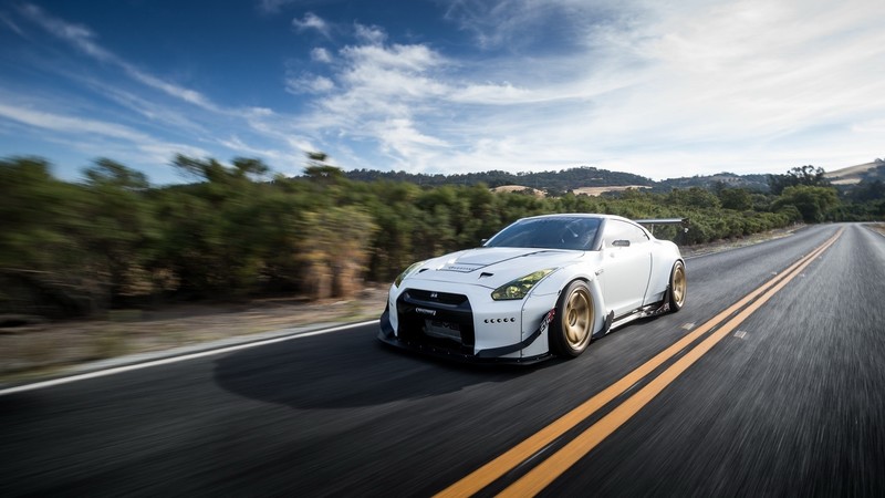 Nissan GT-R, road, white cars, Super Car, asphalt, nature, daylight, sunlight, trees, plants, sky, clouds
