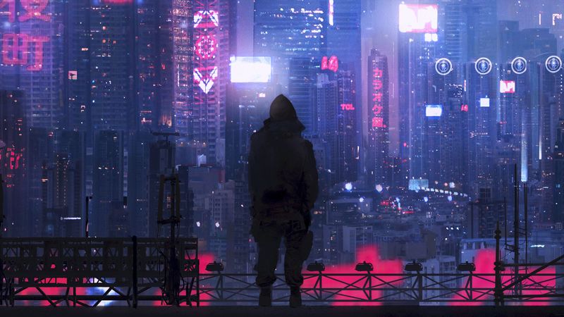 city, silhouette, art, cyberpunk, futurism, sci-fi, 4k