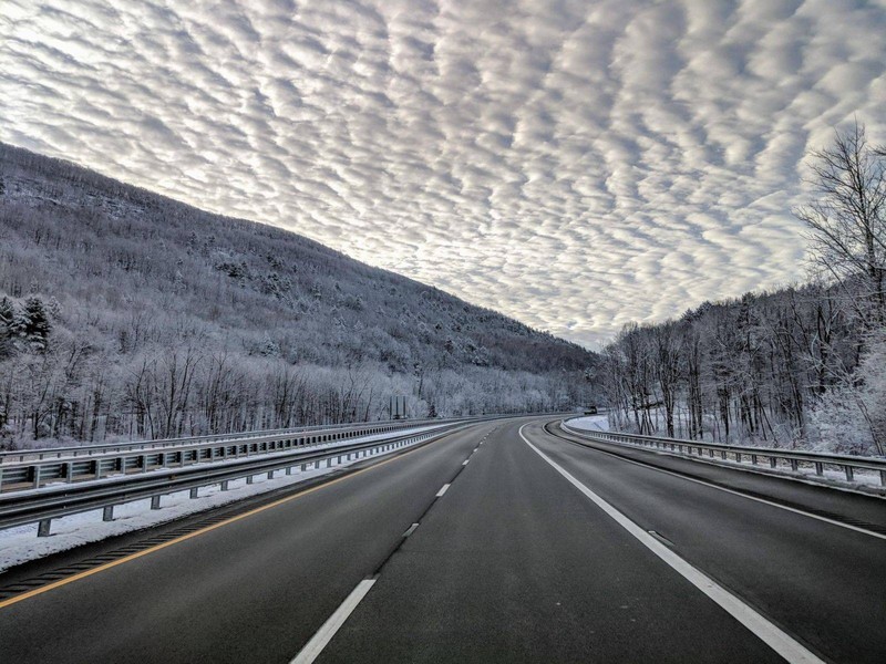 nature, landscape, winter, snow, trees, road, clouds, forest, empty, hill