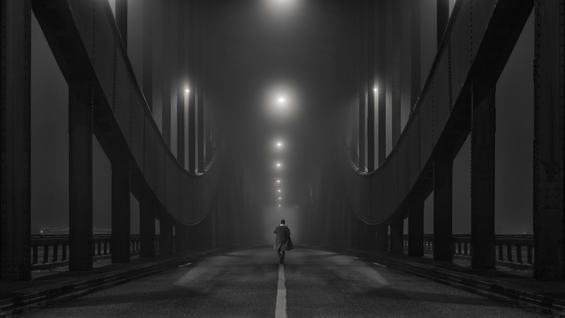 architecture, Hamburg, Alexander Schönberg, city, Germany, monochrome, bridge, walking, men, night, lights, rear view, road, mist