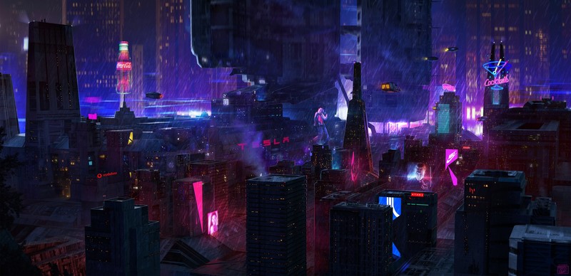 cyberpunk, city, rain, building, neon glow, neon, cityscape, night, flying car, science fiction