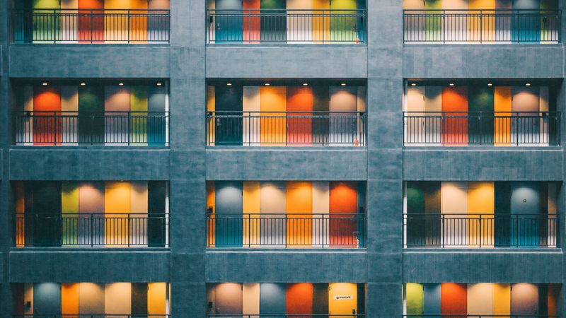 building, doors, architecture, minimalism, colorful, 4k