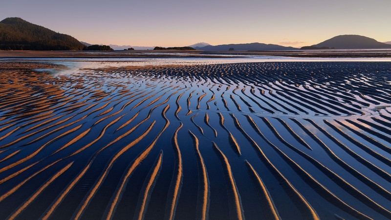 nature, landscape, mountains, sky, sand, trees, forest, sunset, beach, Alaska, USA, Sand Ripples