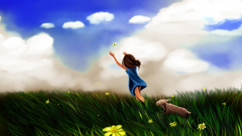 butterfly, grass, dog, clouds, flowers, sky, animals, artwork
