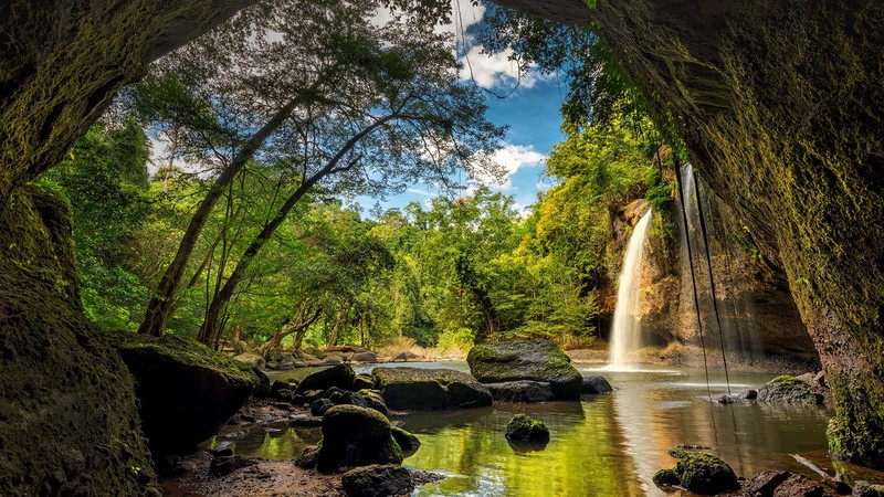 nature, landscape, tropical, trees, forest, water, rocks, moss, clouds, sky, cave, waterfall, Haew Suwat Waterfall, Thailand