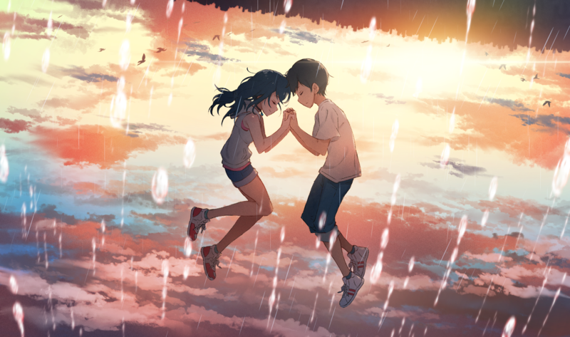 Hodaka Morishima, Hina Amano, Tenki no Ko, Weathering With You, anime, anime boys, anime girls, fan art, black hair, sky, short shorts, clouds, rain, looking below