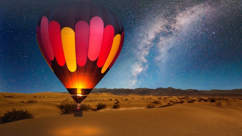 nature, landscape, hot air balloons, sand, plants, stars, night, galaxy, Milky Way, dunes, Death Valley, California, USA