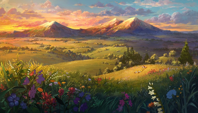 Oregon, mountains, hills, sunset, flowers, artwork, nature, landscape
