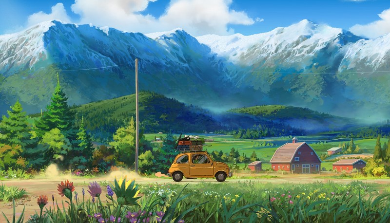 mountains, landscape, Oregon, Farm House, barn, artwork, car, vehicle, nature, fiat 500