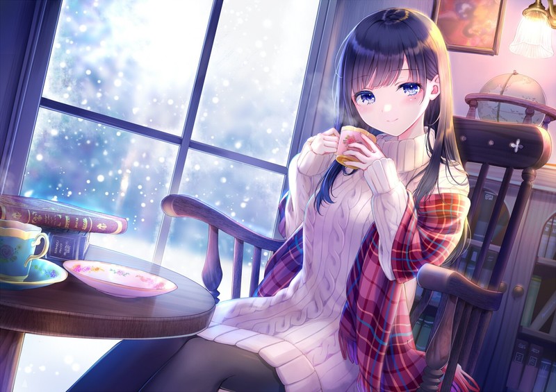 anime, anime girls, digital art, artwork, 2D, portrait, blue eyes, indoors, cup, sitting, snow