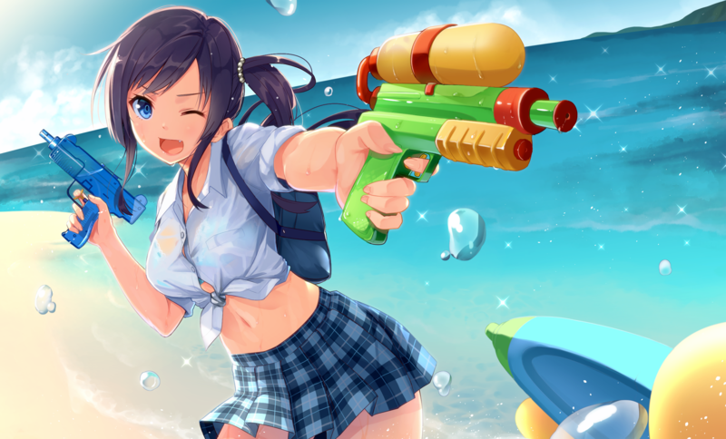 anime, anime girls, original characters, water guns, skirt, beach, open mouth, miniskirt, colorful, blue eyes