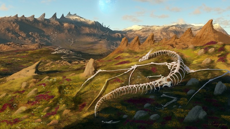 nature, digital, dragon, field, landscape, graveyards, mountains, fossils