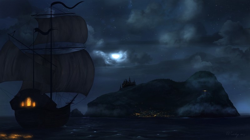 dark, digital, ship, night, sea, Moon, stars, clouds, lights