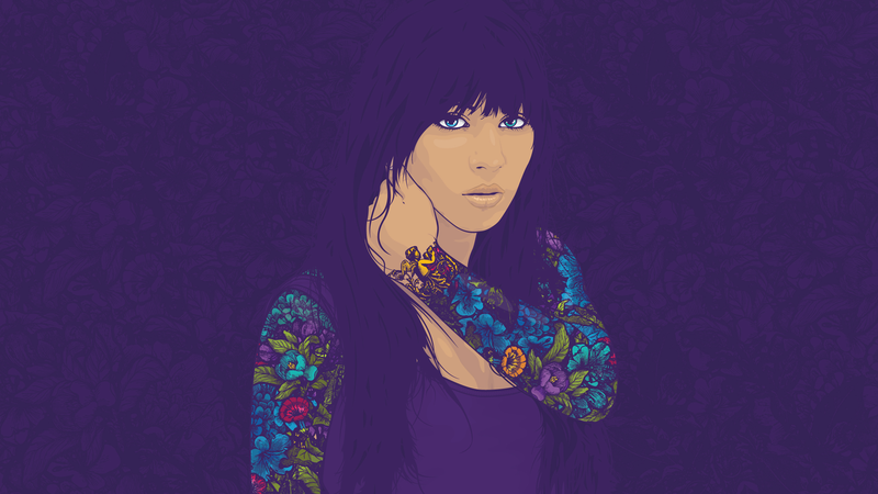 digital, digital art, tattoo, purple background, cyberpunk, women, black background
