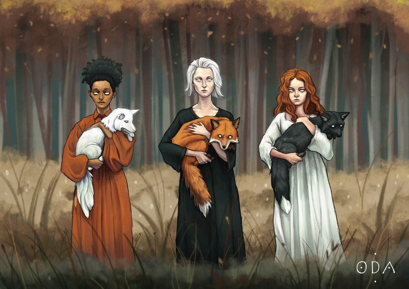 women, white hair, redhead, black hair, women outdoors, animals, fox, group of women, trees, forest, nature, fall, white dress, black dress, grass, Oda Junior, artwork, digital art, painting, frontal view