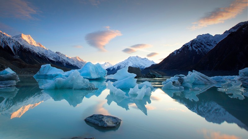 nature, landscape, ice, snow, snowy mountain, clouds, sky, reflection, mount Cook, iceberg, New Zealand