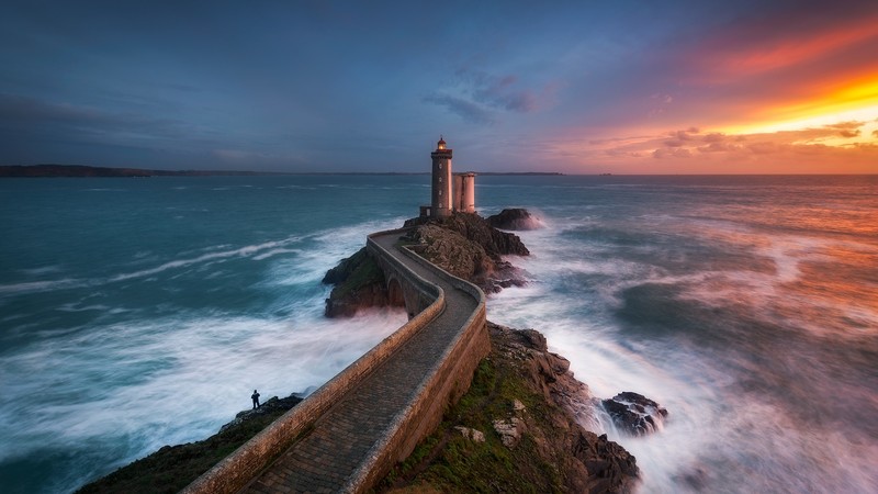 nature, landscape, clouds, sky, sunset, horizon, lighthouse, long exposure, mountains, Petit Minou Lighthouse, Brittany, France